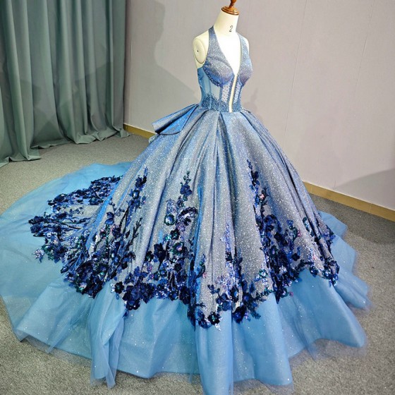 2024 Blue Quinceanera Dresses for Sweet 15 Year Sexy Halter Puffy Ball Gown Lace Appliques Princess Gowns vestido de quinceanera