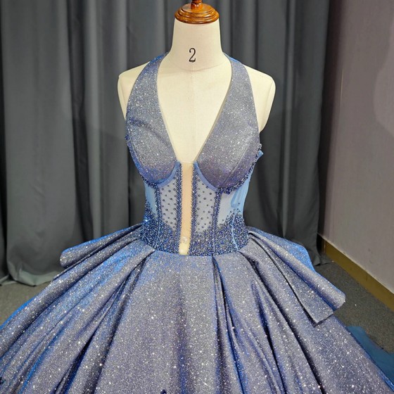 2024 Blue Quinceanera Dresses for Sweet 15 Year Sexy Halter Puffy Ball Gown Lace Appliques Princess Gowns vestido de quinceanera