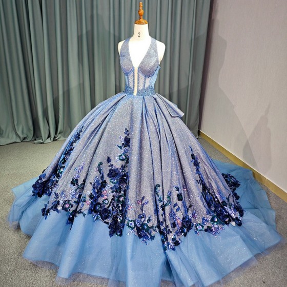 2024 Blue Quinceanera Dresses for Sweet 15 Year Sexy Halter Puffy Ball Gown Lace Appliques Princess Gowns vestido de quinceanera