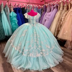 2024 Aqua Blue Quinceanera Dresses Off Shoulder Ball Gown Sweet 16 Dress Beading Appliques Lace Sequins Birthday Party Gowns