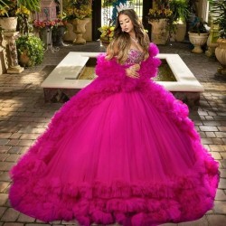 2024 Ball Gown Hot Pink Quinceanera Dress Beads Crystal Tull Tiered Vestido De 15 Anos Sweet 16 Birthday Pageant Princess