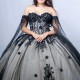 2024 Black Ball Gown Quinceanera Dress Tulle Appliques Flowers Beads With Cape Sweet 15 16 Years Birthday Party Formal