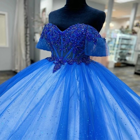 2024 Blue Princess Ball Gown Quinceanera Dress Lace Appliques Beads Tull Sweet 16 Dress vestidos Birthday Party Gown