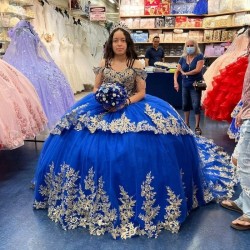 2024 Blue Quinceanera Dresses Ball Gown Sweetheart Beaded Applique Lace Off Shoulder Sweet 16 Lace up Dress