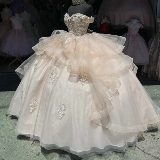 2024 Champagne Shiny Sweetheart Quinceanera Dress Appliques Lace Tull Off the Shoulder Ball Gowns Vestidos De 15 Anos