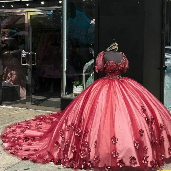 2024 Cute Red Luxury princess Quinceanera Dresses 3DFloral Applique Beads Off Shoulder Bustle Corset vestidos de 15 anos