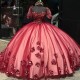 2024 Cute Red Luxury princess Quinceanera Dresses 3DFloral Applique Beads Off Shoulder Bustle Corset vestidos de 15 anos