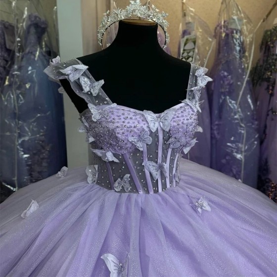 2024 Lavender Quinceanera Dress Sleeveless Girl Sweet 15 16 Birthday Beads Bow Tull Vestidos De Fiestaday Princess Pageant