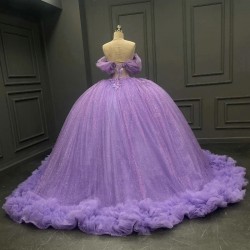 2024 Lavender Shiny Off the Shoulder Princess Quinceanera Dresses Applique Tull Tiered Gown Sweet 16 Vestidos De 15 Anos