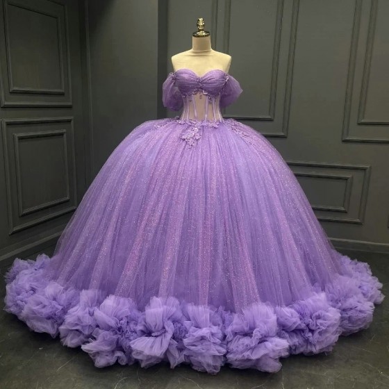 2024 Lavender Shiny Off the Shoulder Princess Quinceanera Dresses Applique Tull Tiered Gown Sweet 16 Vestidos De 15 Anos