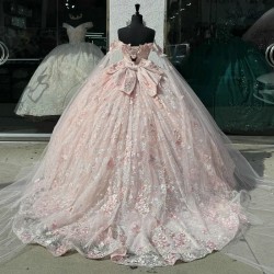 2025 Light Pink Shiny Quinceanera Dress Off the Shoulder Ball Gown Appliques Lace Beading Sequins Sweet 16 Dress Vestido De 15