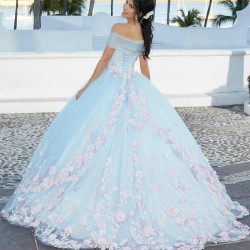 2024 Light Sky Blue Princess Quinceanera Dress Sweet 16 Ball Gown Appliques Beads 3D Flowers Backless Party Vestidos De 15 Anos