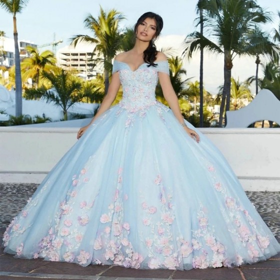 2024 Light Sky Blue Princess Quinceanera Dress Sweet 16 Ball Gown Appliques Beads 3D Flowers Backless Party Vestidos De 15 Anos