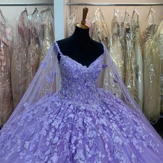 2024 Lilac lavender Butterfly Quinceanera Dresses With Cape Beads Tull Sweet 16 Dress Mexican Prom Gowns Vestidos 15 De XV Anos