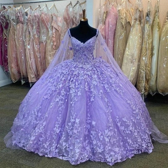 2024 Lilac lavender Butterfly Quinceanera Dresses With Cape Beads Tull Sweet 16 Dress Mexican Prom Gowns Vestidos 15 De XV Anos