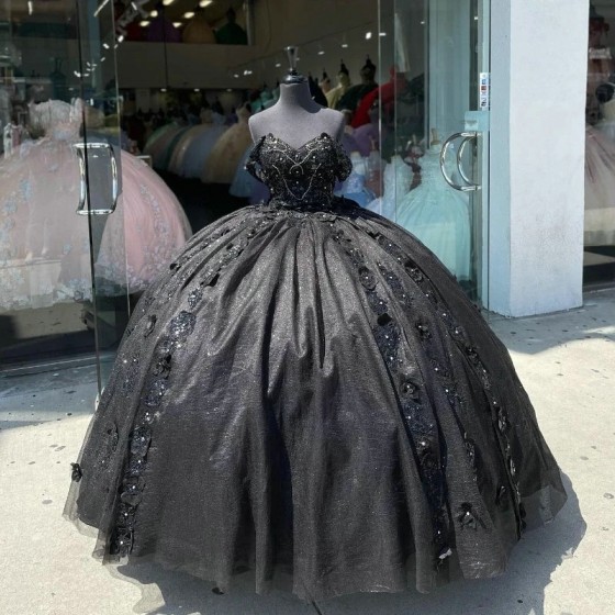 2024 Luxury Black Princess Quinceanera Dresses Beading Appliques Flower Party Dress Tulle Elegent Sweet Vestido De 15 16 Anos