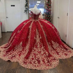 2024 Luxury Red Princess Quinceanera Dresses Gold Appliques Beads Party Dress Tulle Elegent Sweet Vestido De 15 16 Anos