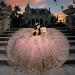 2024 Pink Ball Gown Quinceanera Dress Golden Lace Applique Long Train XV Princess Vestidos De 15 Anos Birthday Sweet 16 Dress