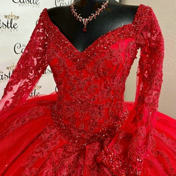 2024 Red Ball Gown Quinceanera Dress Lace Applique Beads Long Sleeved Train XV Princess Vestidos De 15 Anos Birthday Sweet 16