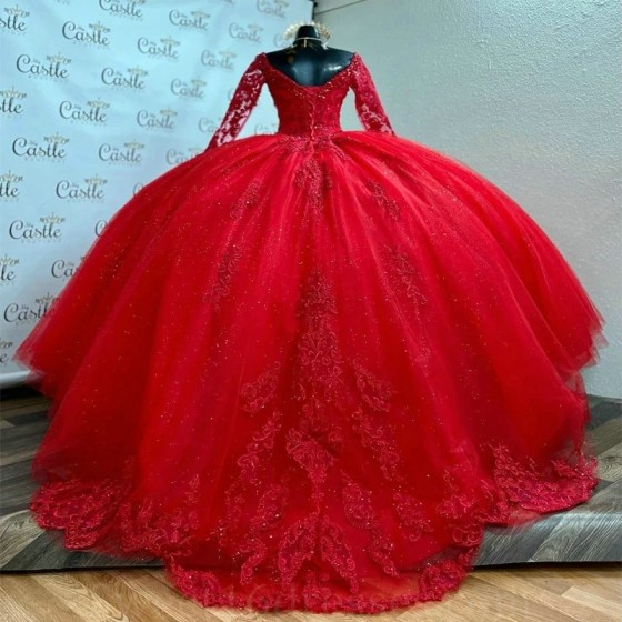 2024 Red Ball Gown Quinceanera Dress Lace Applique Beads Long Sleeved Train XV Princess Vestidos De 15 Anos Birthday Sweet 16