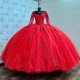 2024 Red Ball Gown Quinceanera Dress Lace Applique Beads Long Sleeved Train XV Princess Vestidos De 15 Anos Birthday Sweet 16