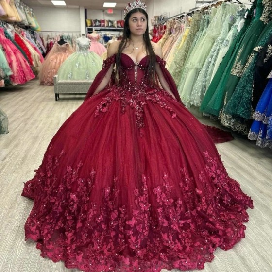 2024 Red Butterfly Flowers Quinceanera Dresses Detached Cape Ball Gown Appliques Lace Crystal Vestidos De 15 Anos