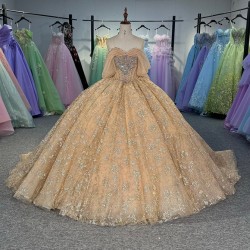 2025 Gold Quinceanera Dress Sweet 15 Evening Dress Crystal Sleeveless Ball Gown Beading Vestido De Niña De Las Flores