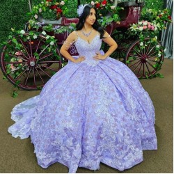 3D Flower Lavender Shiny Princess Quinceanera Dresses Applique Lace Beads Corset Cinderella Prom Sweet 16 Dress