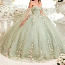 3D Flowers Sage Green Princess Ball Gown Quinceanera Dress Applique Lace With Cape Sweet 16 Dress vestidos Birthday Party Gown