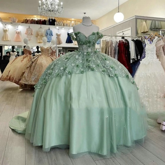 3DFloral Light Green Quinceanera Dresses Ball Gowns for Women Tulle Vestidos De 15 Off Shoulder Prom Dress with Train Sweet 16