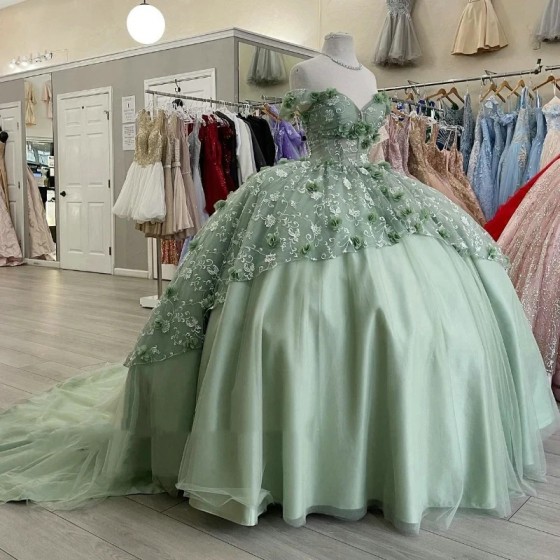 3DFloral Light Green Quinceanera Dresses Ball Gowns for Women Tulle Vestidos De 15 Off Shoulder Prom Dress with Train Sweet 16