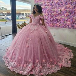 3DFlower Pink Ball Gown Quinceanera Dress Applique Beading Sweetheart Tulle Princess With Cape Vestido De XV Anos Brithday Party