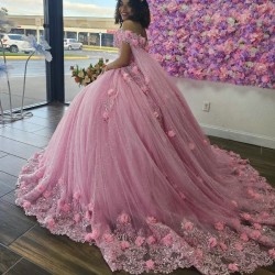 3DFlower Pink Ball Gown Quinceanera Dress Applique Beading Sweetheart Tulle Princess With Cape Vestido De XV Anos Brithday Party