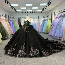 Black Beautiful Multi-color Printed Bow Quinceanera Dress Beading Detachable Sleeves Sweet 16 Vestidos De 15 Anos