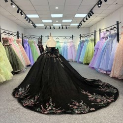 Black Beautiful Multi-color Printed Bow Quinceanera Dress Beading Detachable Sleeves Sweet 16 Vestidos De 15 Anos