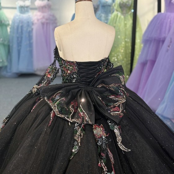 Black Beautiful Multi-color Printed Bow Quinceanera Dress Beading Detachable Sleeves Sweet 16 Vestidos De 15 Anos