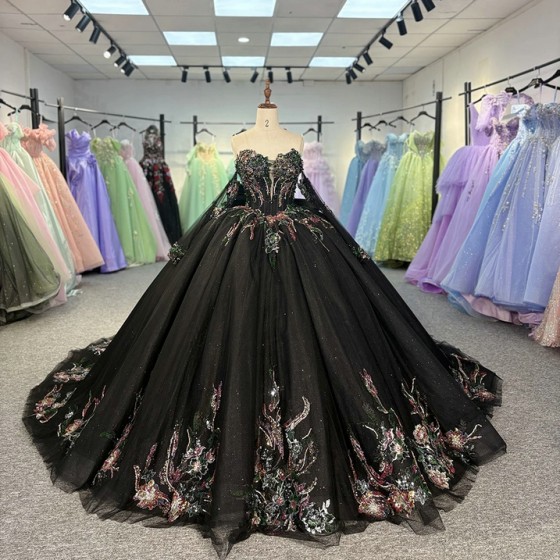 Black Beautiful Multi-color Printed Bow Quinceanera Dress Beading Detachable Sleeves Sweet 16 Vestidos De 15 Anos