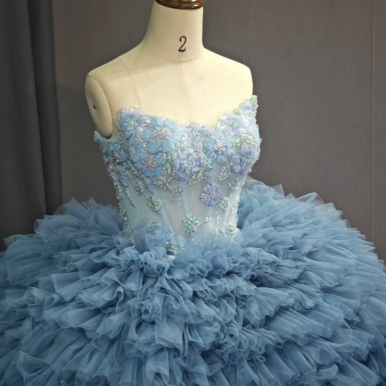 Blue Puffy Quinceanera Dresses Ball Gown Strapless Tulle Beading Mexican Sweet 16 Dresses 15 Anos vestidos de 15 quinceanera