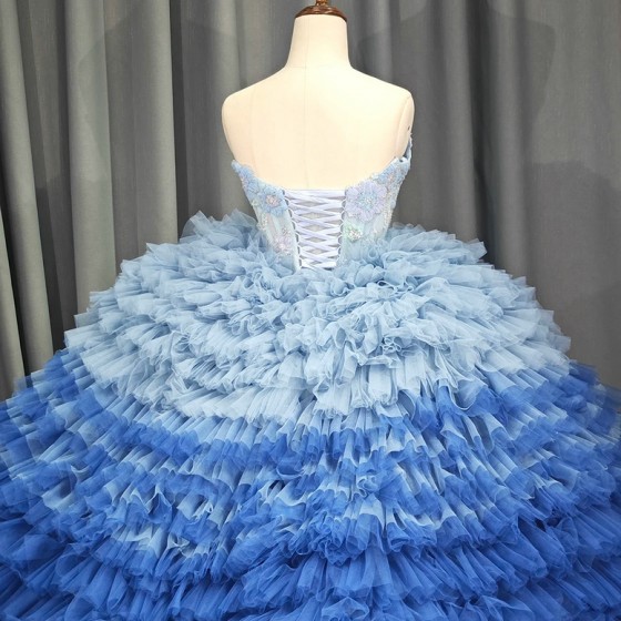 Blue Puffy Quinceanera Dresses Ball Gown Strapless Tulle Beading Mexican Sweet 16 Dresses 15 Anos vestidos de 15 quinceanera