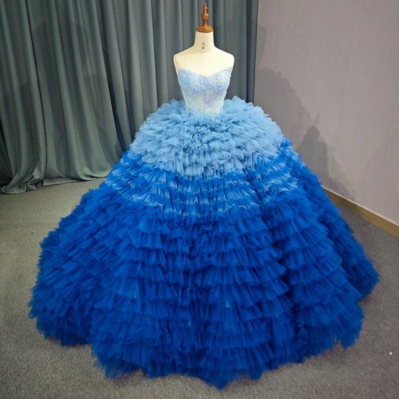 Blue Puffy Quinceanera Dresses Ball Gown Strapless Tulle Beading Mexican Sweet 16 Dresses 15 Anos vestidos de 15 quinceanera