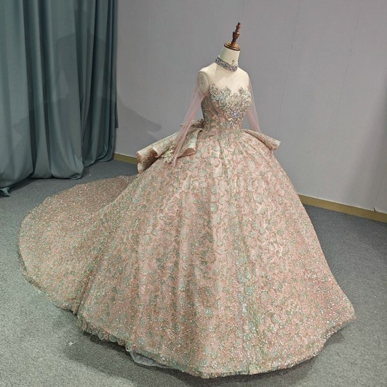 Charming Ball Gown Long Sleeves Quinceanera Dresses Sequins High Neck 3D Floral Brithday Dance Party vestido 15 anos quinceanera