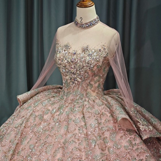 Charming Ball Gown Long Sleeves Quinceanera Dresses Sequins High Neck 3D Floral Brithday Dance Party vestido 15 anos quinceanera