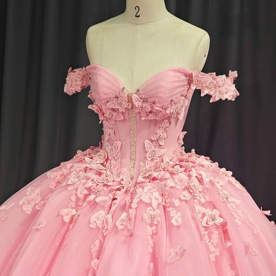 Glamorous Organza Quincenera Dresses Ball Gown Off the Shouler Appliques Corset Chapel Train Vestido De 15 Customised