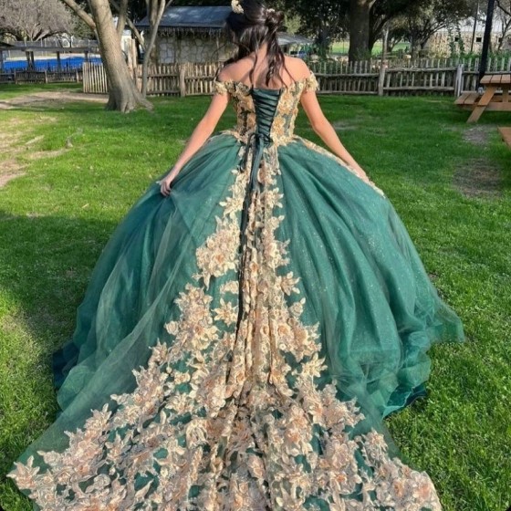 Green Quinceanera Dress Ball Gown Gold Lace Applique Sweet Vestidos De XV 15 Anos 16 XV Years Old Miss Birthday Mexican