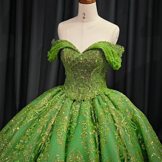 Jancember Green Quinceanera Dresses Ball Gown Off The Shoulder Tulle Appliques Mexican Sweet vestido de 15 anos