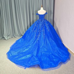 Jancember Royal Blue Beaded Pearls 3D Flowers Quinceanera Dresses Off The Shoulder Ball Gown vestido de 15 quinceanera