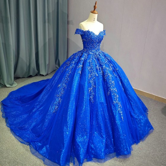 Jancember Royal Blue Beaded Pearls 3D Flowers Quinceanera Dresses Off The Shoulder Ball Gown vestido de 15 quinceanera