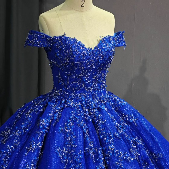 Jancember Royal Blue Beaded Pearls 3D Flowers Quinceanera Dresses Off The Shoulder Ball Gown vestido de 15 quinceanera