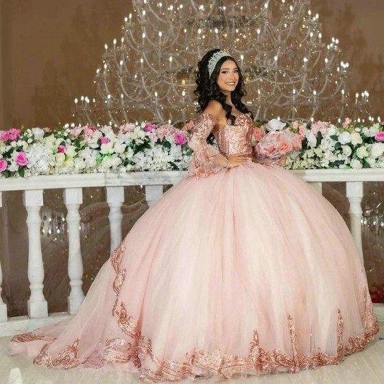 Long Sleeved Beaded Pink Ball Gown Quinceanera Dresses Appliques Lace Sweet 16 Dress Pageant Gowns vestido de 15 anos