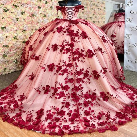 Luxurious 3D Flower Applique Lace Beads Prince Mexicians Sweet 16 Birthday Red Quinceanera Dresses